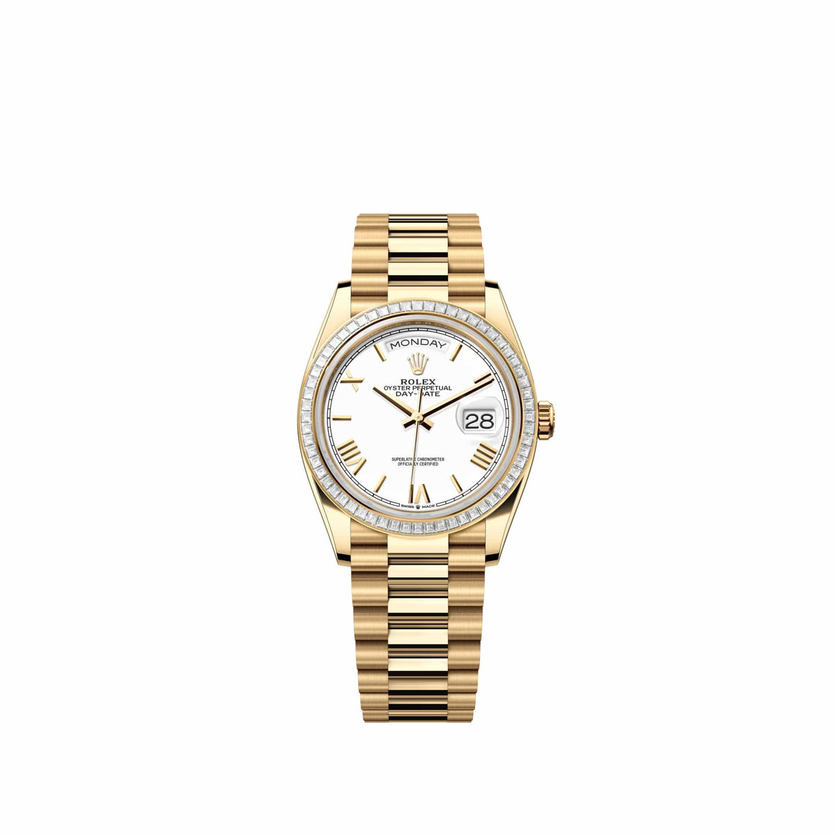 Rolex Day-Date 36 128398TBR Yellow Gold White Roman Dial President Diamond Bezel (2026)
