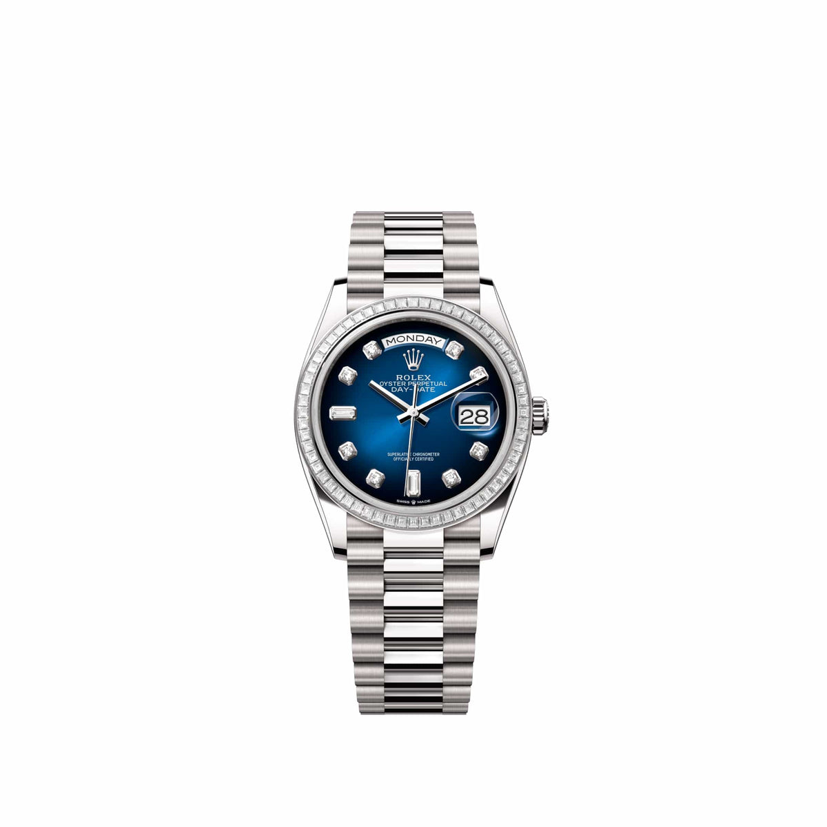 Rolex Day-Date 36 128399TBR White Gold Blue Ombré Diamond Dial President Diamond Bezel (2026)