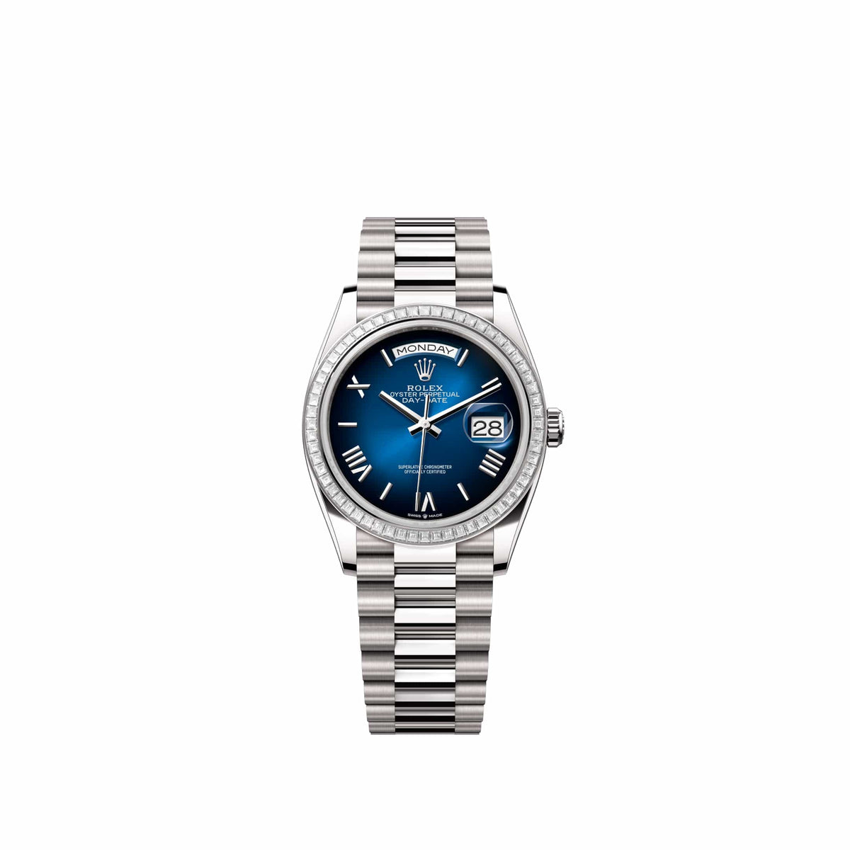Rolex Day-Date 36 128399TBR White Gold Blue Ombre Roman Dial President Diamond Bezel (2026)