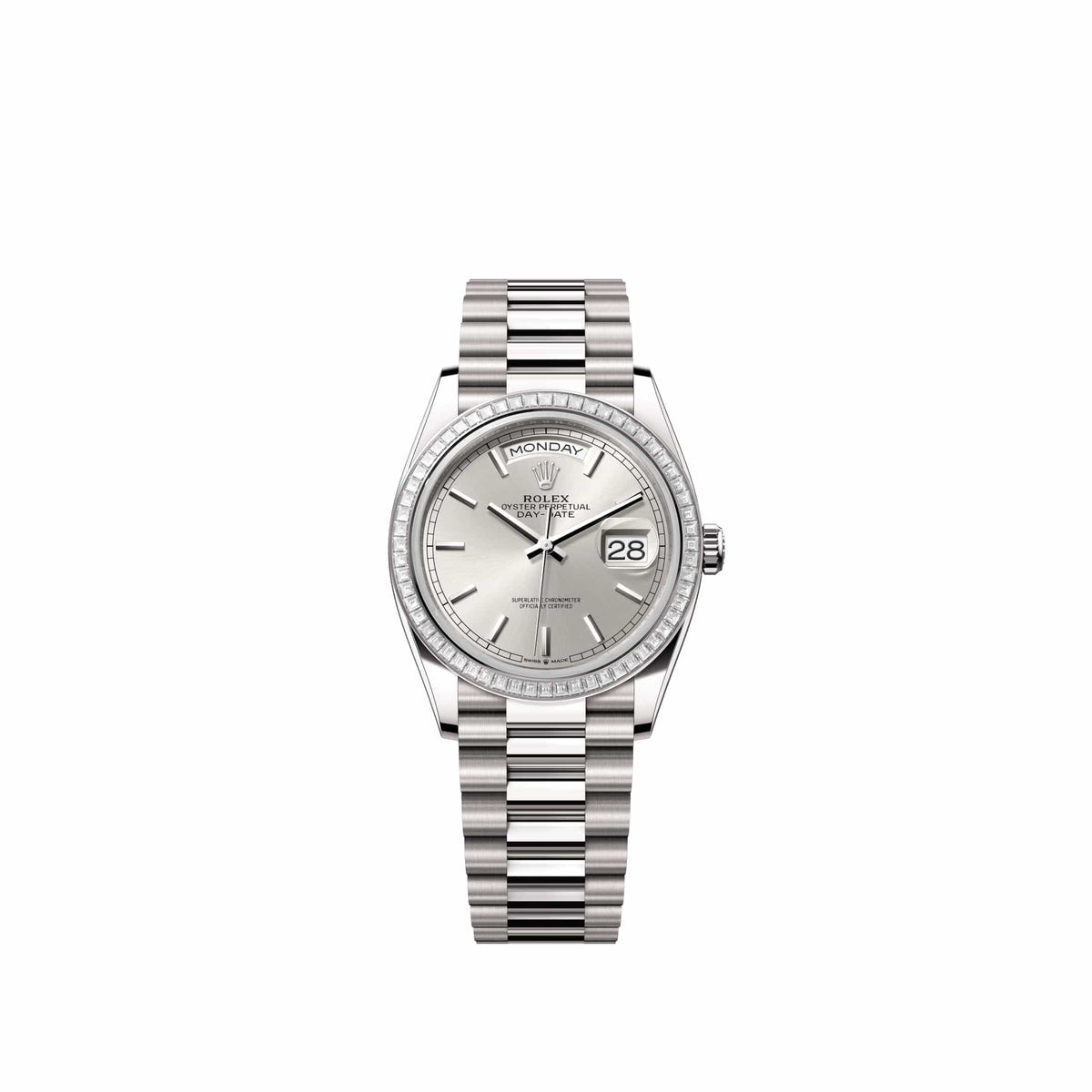 Rolex Day-Date 36 128399TBR White Gold Silver Dial President Diamond Bezel (2026)