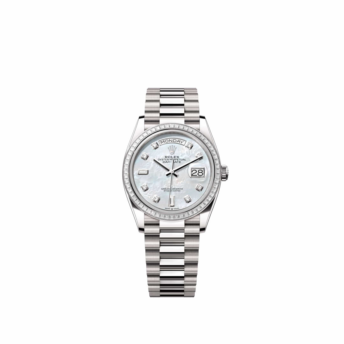 Rolex Day-Date 36 128399TBR White Gold White Mother of Pearl Diamond Dial President Diamond Bezel (2026)