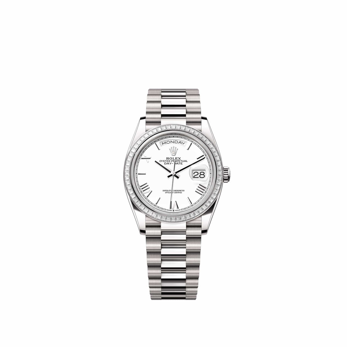 Rolex Day-Date 36 128399TBR White Gold White Roman Dial President Diamond Bezel (2026)