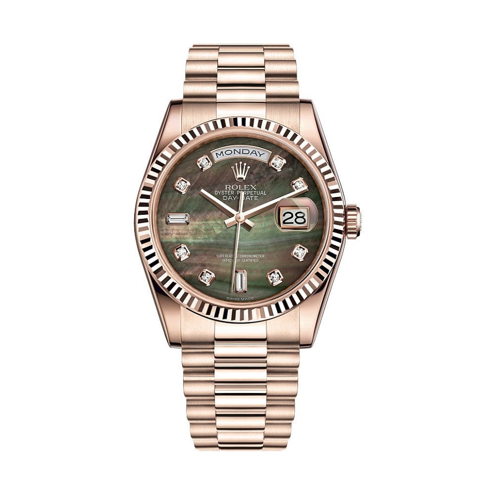 Rolex Day-Date 118235F Rose Gold Black Mother of Pearl Diamond 