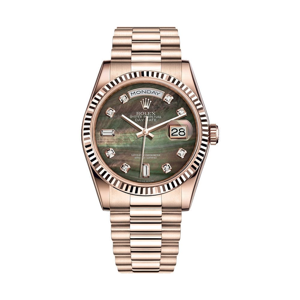 Luxury Watch Rolex Day-Date 36 Rose Gold Black Mother of Pearl Diamond Dial 118235F Wrist Aficionado