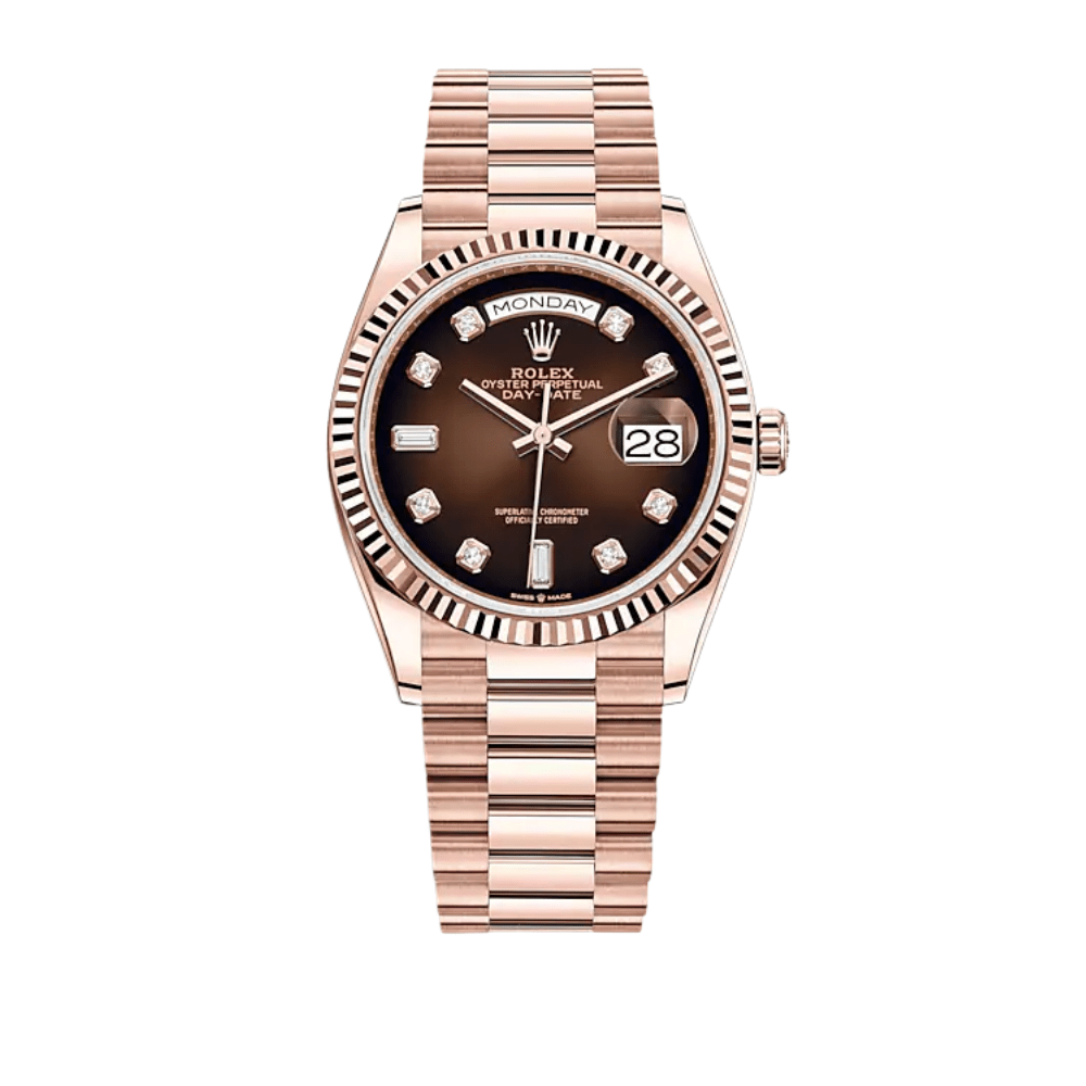 Luxury Watch Rolex Day-Date 36 Rose Gold Brown Diamond Dial 128235 Wrist Aficionado