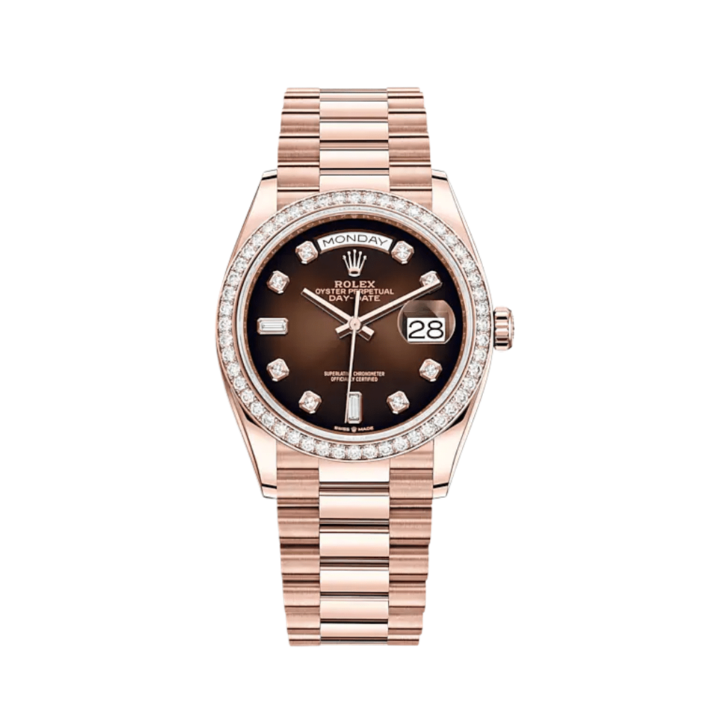 Luxury Watch Rolex Day-Date 36 Rose Gold Diamond Bezel Brown Diamond Dial 128345RBR Wrist Aficionado