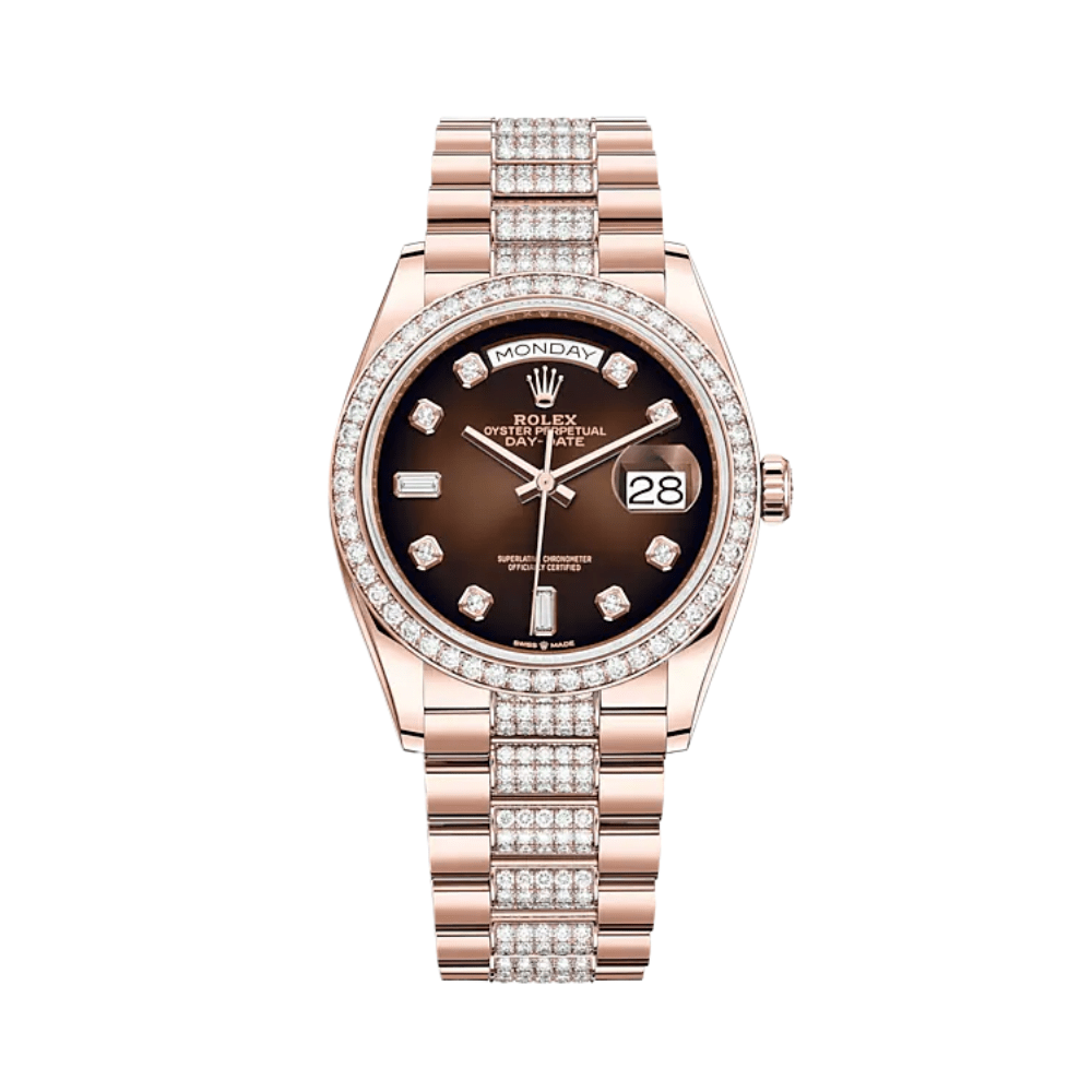 Rolex Day-Date 36 128345RBR Rose Gold Diamond Bezel Brown Diamond Dial