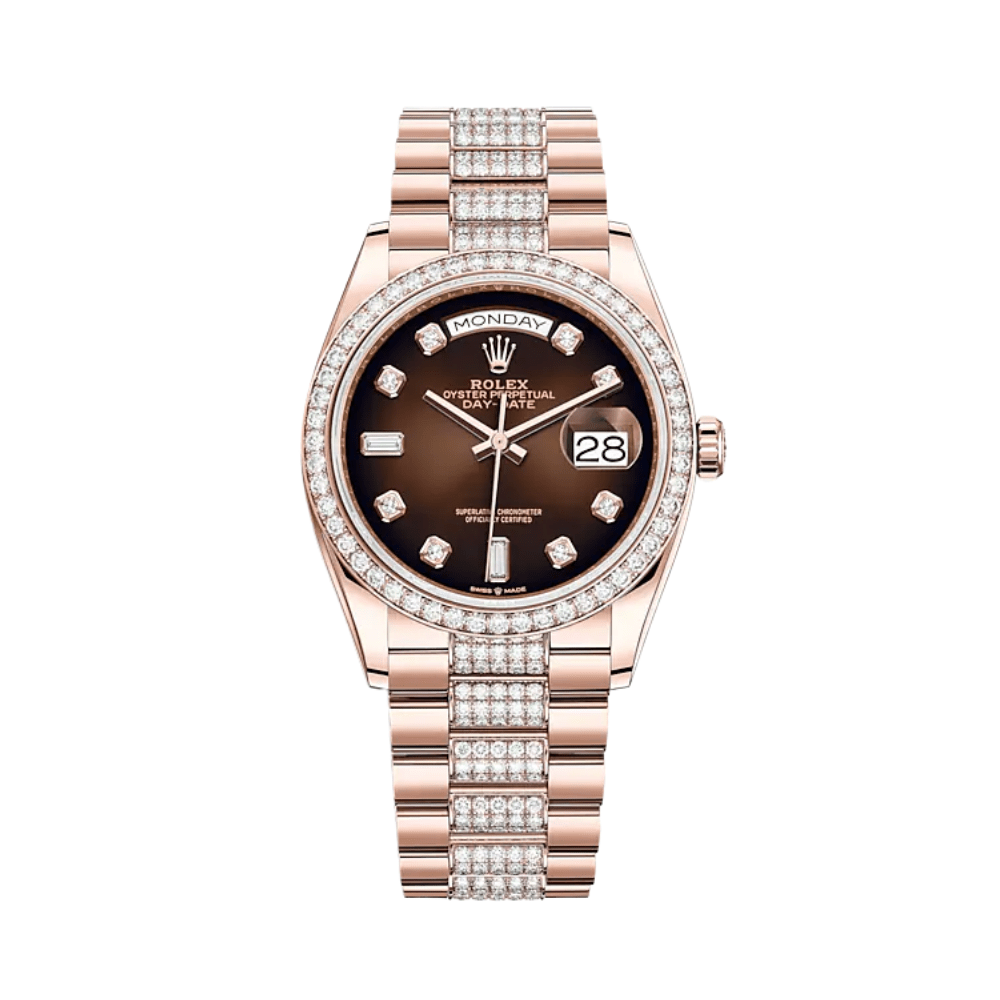 Luxury Watch Rolex Day-Date 36 Rose Gold Diamond Bezel Brown Diamond Dial 128345RBR Wrist Aficionado