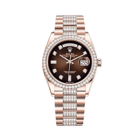 Rolex Day Date 128345RBR Rose Gold Diamond Bezel Brown Diamond