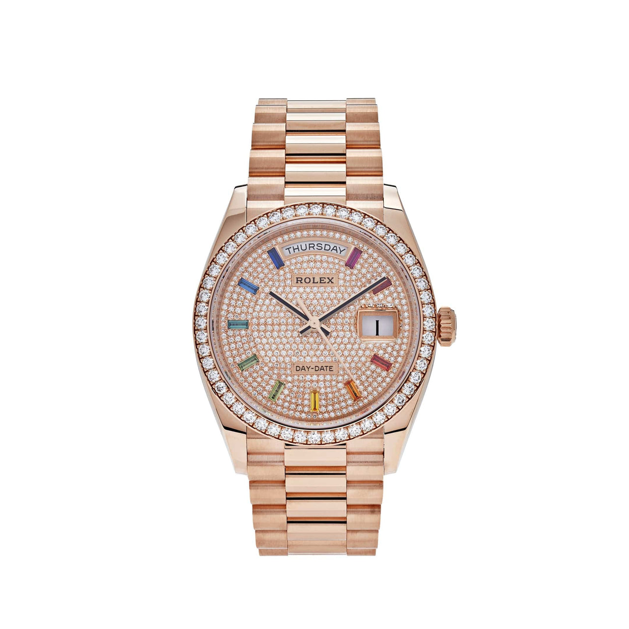 Luxury Watch Rolex Day-Date 36 Rose Gold Diamond Bezel Diamond Pave Dial 128345RBR Wrist Aficionado