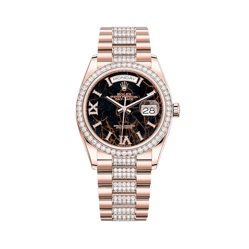 Luxury Watch Rolex Day-Date 36 Rose Gold Diamond Bezel Eisenkiesel Diamond Dial 128345RBR Wrist Aficionado