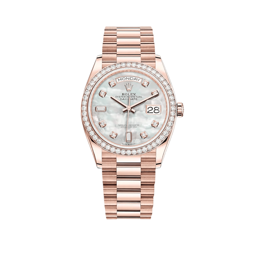 Luxury Watch Rolex Day-Date 36 Rose Gold Diamond Bezel MOP Diamond Dial 128345RBR Wrist Aficionado