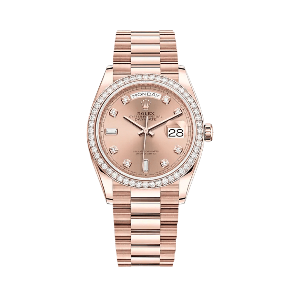 Luxury Watch Rolex Day-Date 36 Rose Gold Diamond Bezel Rosé Diamond Dial 128345RBR Wrist Aficionado