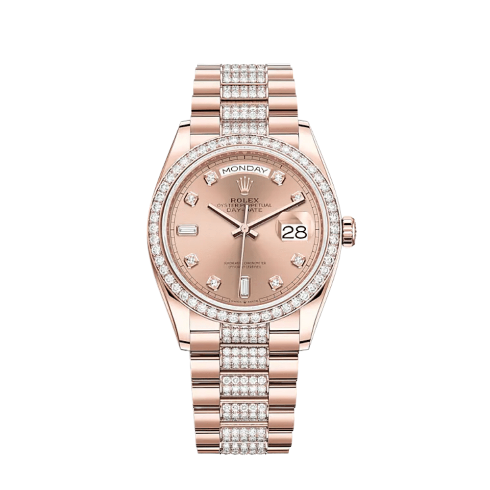 Rolex Day-Date 36 128345RBR Rose Gold Diamond Bezel Rosé Diamond Dial