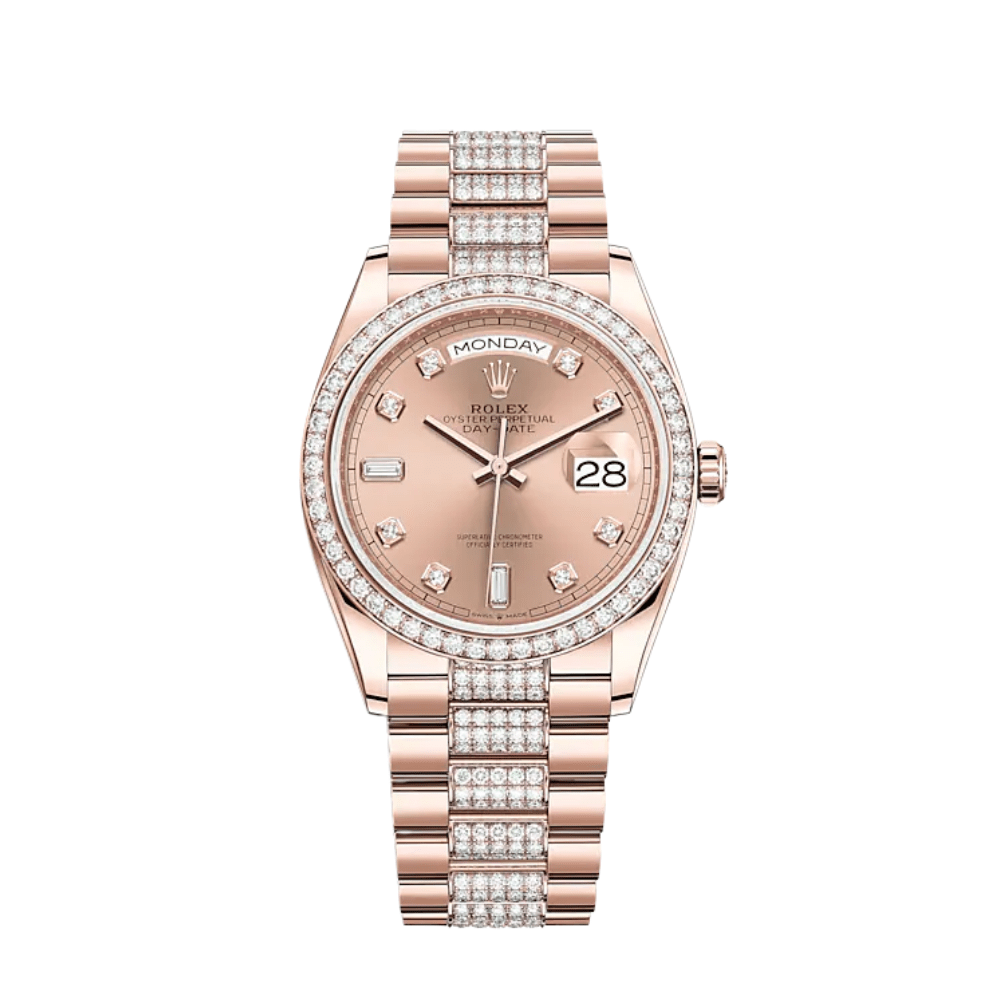 Luxury Watch Rolex Day-Date 36 Rose Gold Diamond Bezel Rosé Diamond Dial 128345RBR Wrist Aficionado