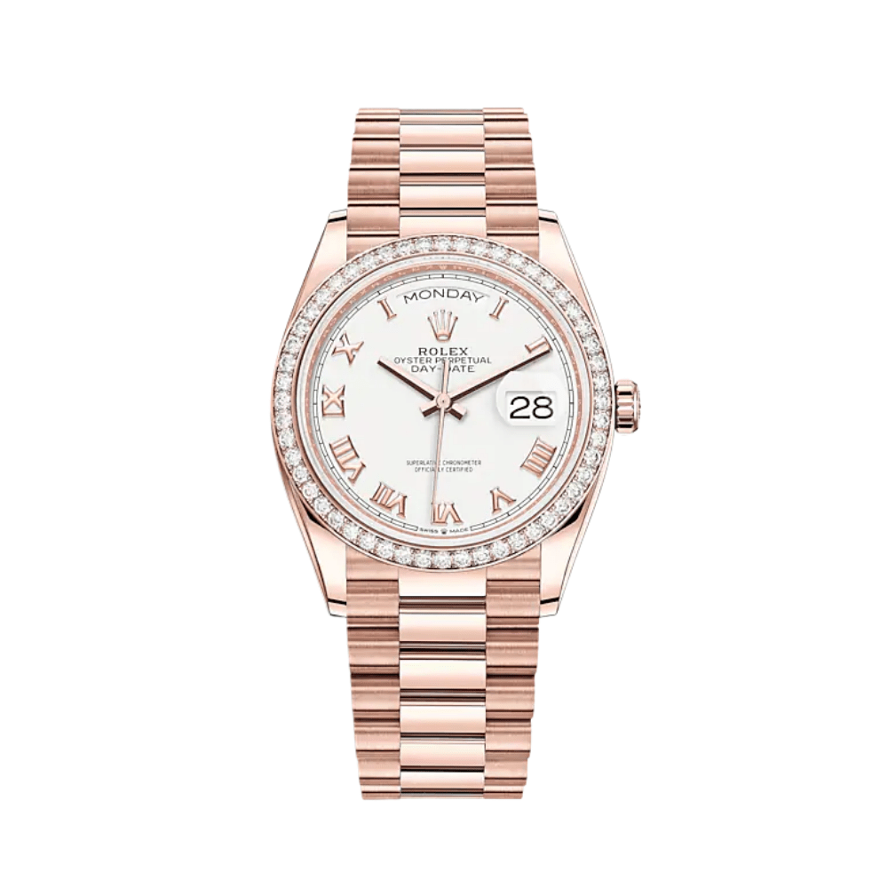 Luxury Watch Rolex Day-Date 36 Rose Gold Diamond Bezel White Dial 128345RBR Wrist Aficionado