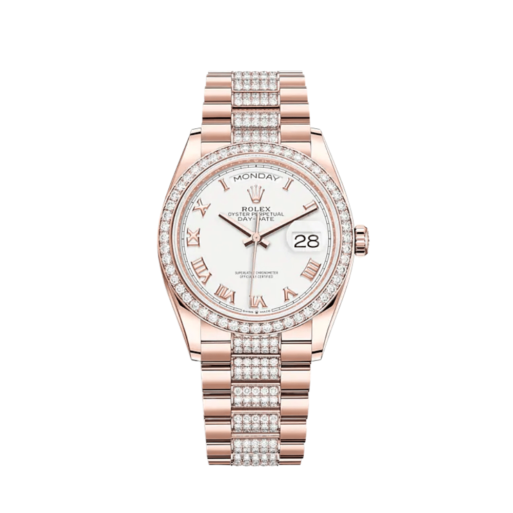 Rolex Day-Date 36 128345RBR Rose Gold Diamond Bezel White Dial