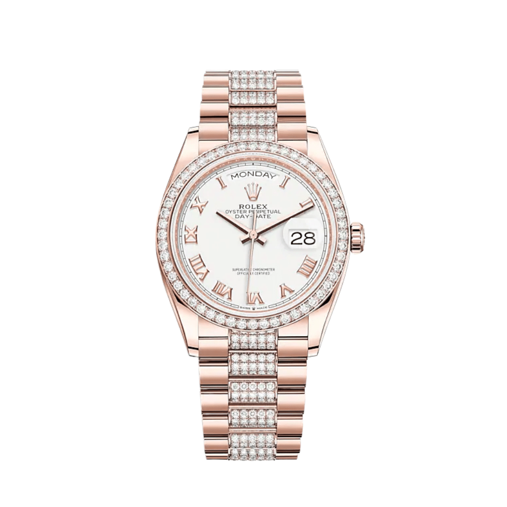 Luxury Watch Rolex Day-Date 36 Rose Gold Diamond Bezel White Dial 128345RBR Wrist Aficionado