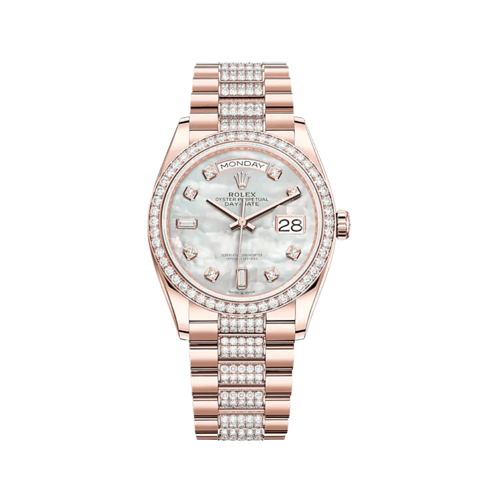 Luxury Watch Rolex Day-Date 36 Rose Gold Diamond Bezel White MOP Diamond Dial 128345RBR Wrist Aficionado