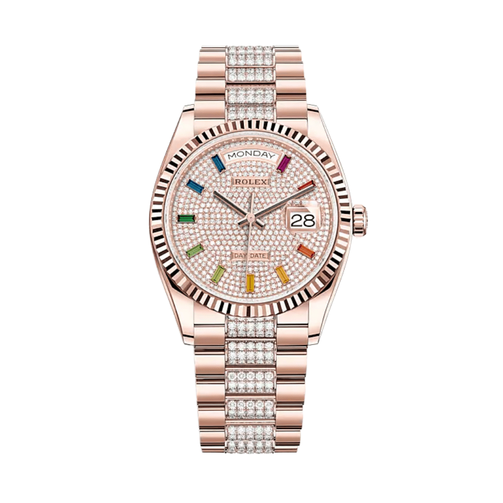 Luxury Watch Rolex Day-Date 36 Rose Gold Diamond Paved Dial 128235 Wrist Aficionado