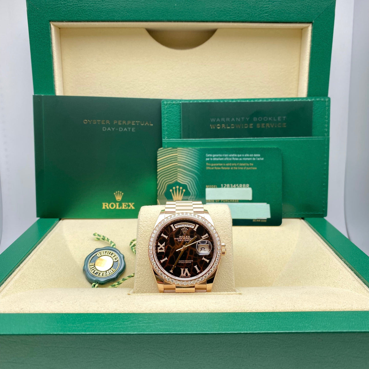 Luxury Watch Rolex Day-Date 36 Rose Gold Eisenkiesel Diamond Dial 128345RBR Wrist Aficionado