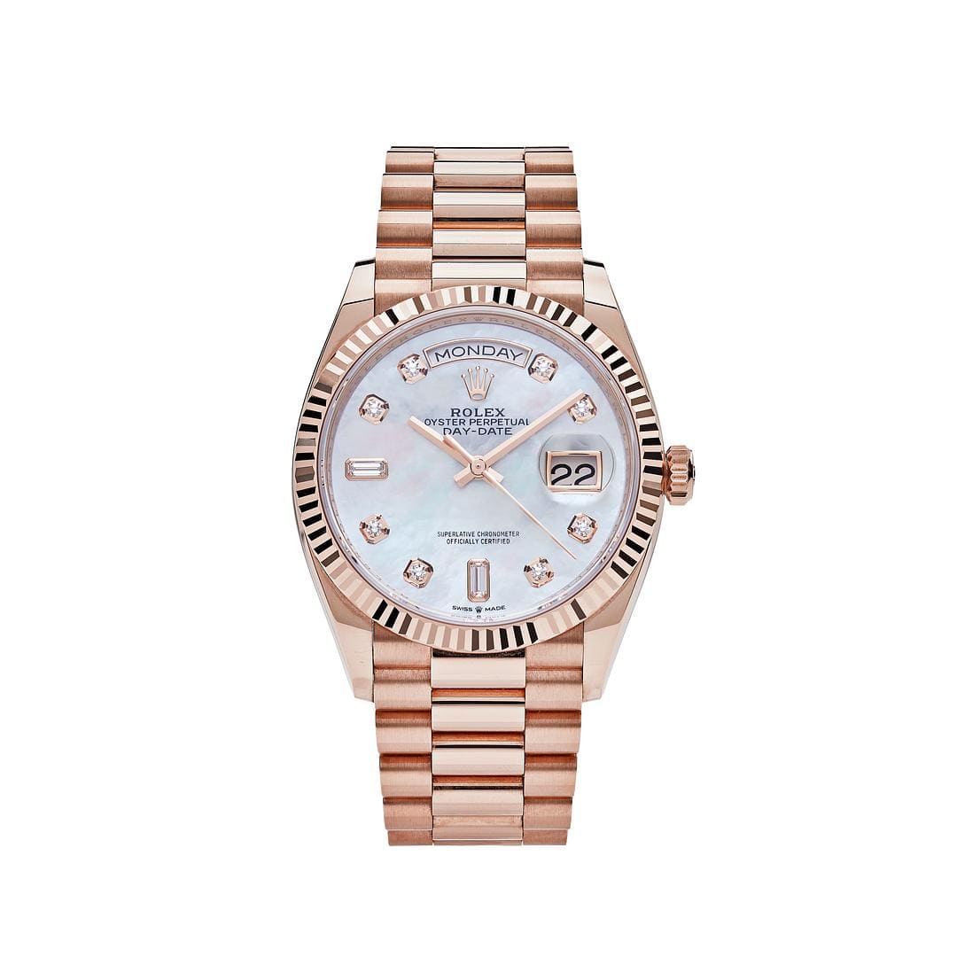 Rolex Day Date 36 Rose Gold MOP Diamond Dial 128235 Wrist Aficionado