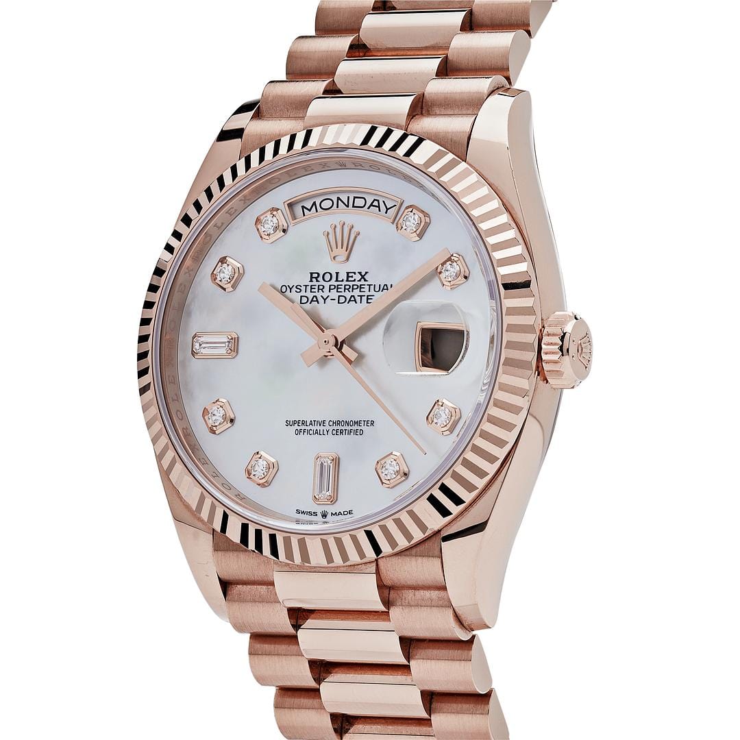 Luxury Watch Rolex Day-Date 36 Rose Gold MOP Diamond Dial 128235 Wrist Aficionado