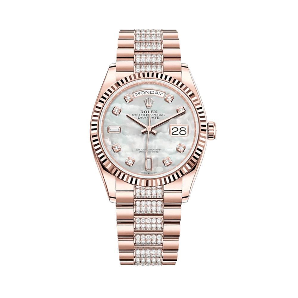 Luxury Watch Rolex Day-Date 36 Rose Gold MOP Diamond Dial Diamond Bracelet 128235 Wrist Aficionado