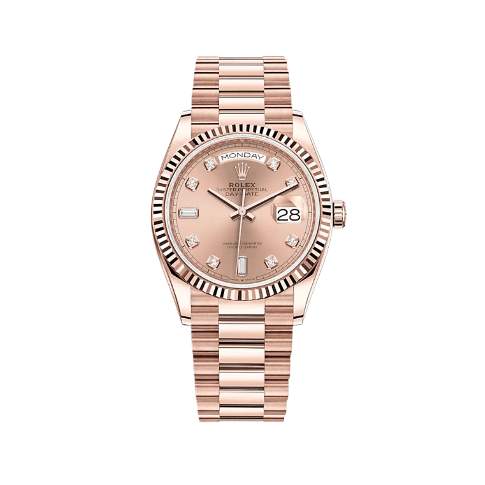 Luxury Watch Rolex Day-Date 36 Rose Gold Pink Diamond Dial 128235 Wrist Aficionado