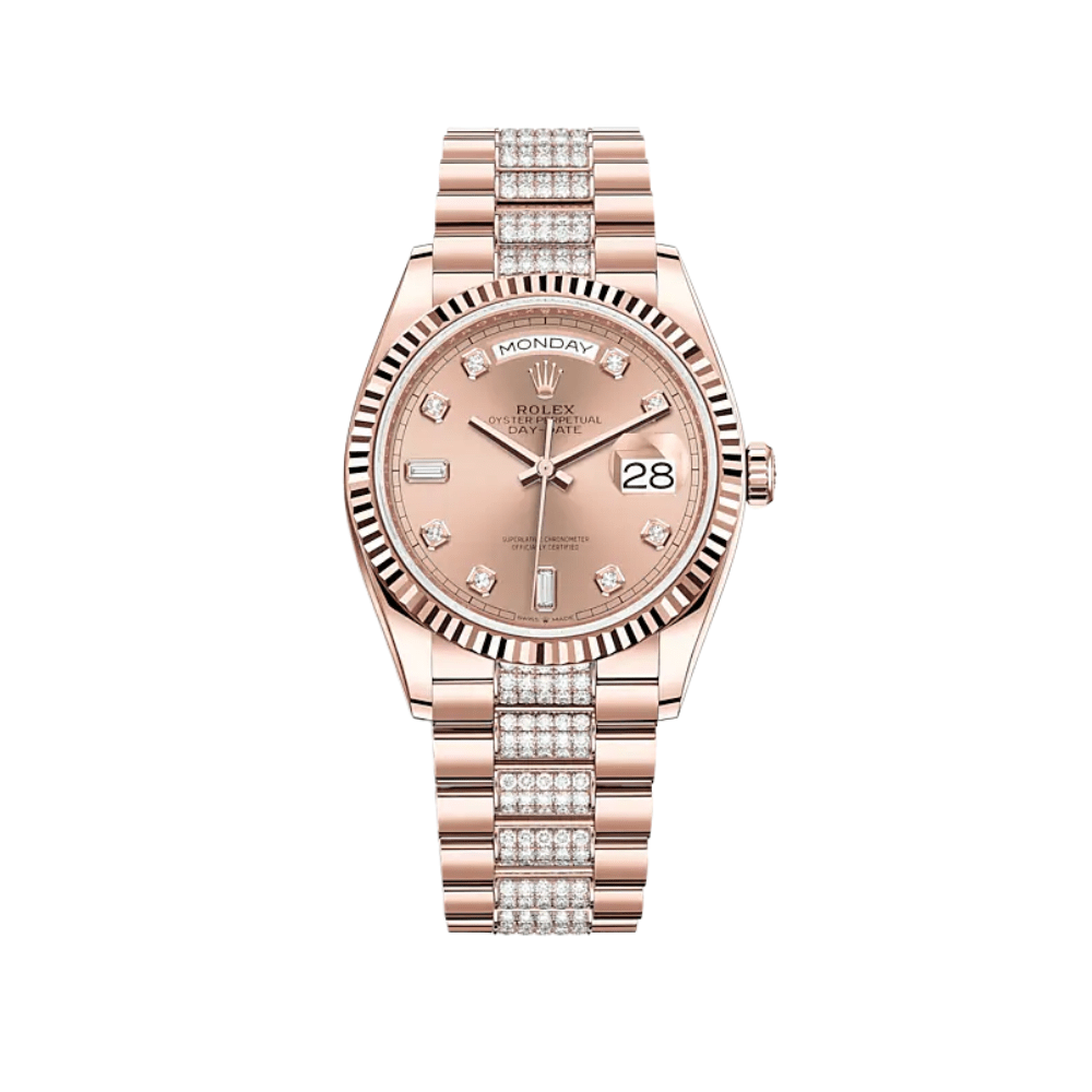 Luxury Watch Rolex Day-Date 36 Rose Gold Rosé Diamond Dial 128235 Wrist Aficionado