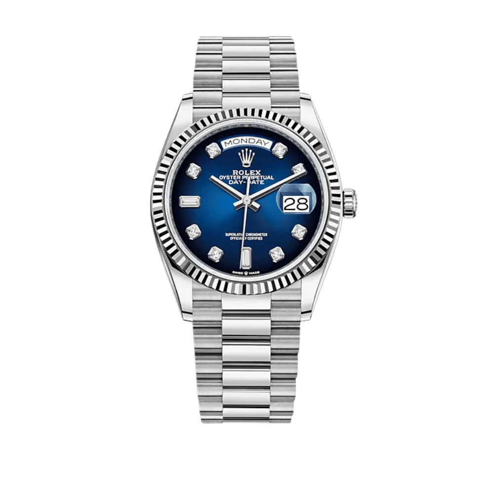 Luxury Watch Rolex Day-Date 36 White Gold Blue Ombre Diamond Dial 128239 Wrist Aficionado