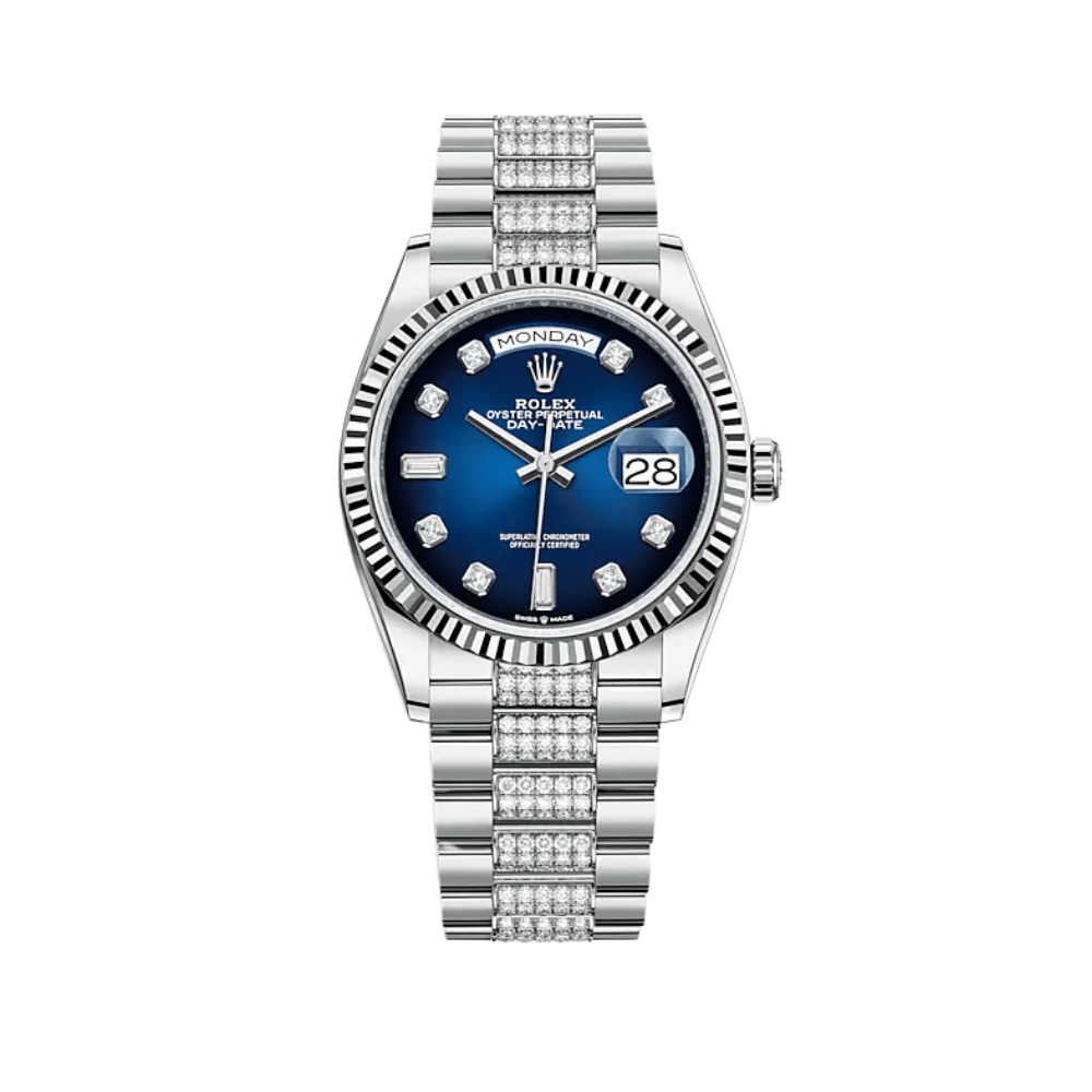 Luxury Watch Rolex Day-Date 36 White Gold Blue Ombre Diamond Dial 128239 Wrist Aficionado