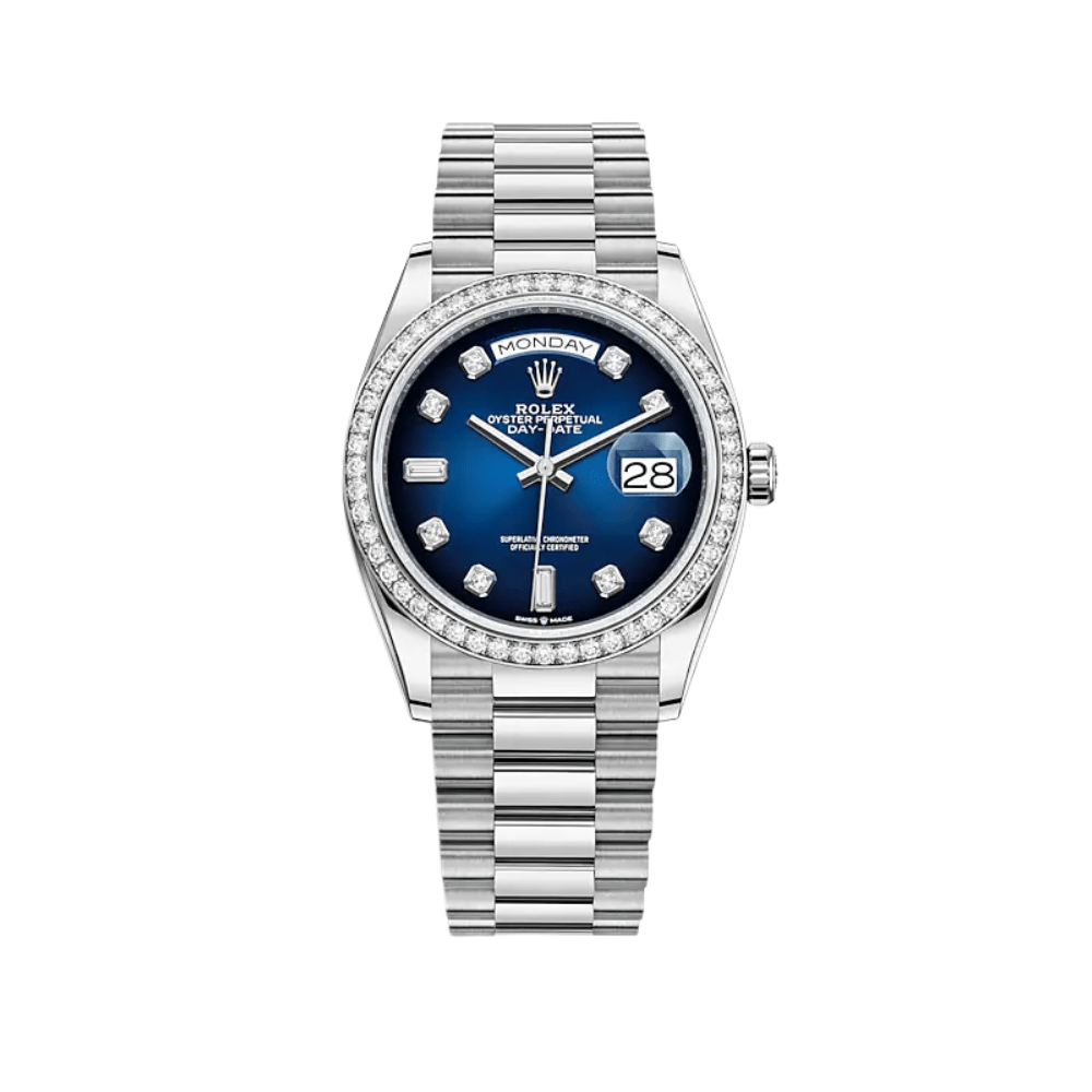 Rolex Day Date 36 White Gold Diamond Bezel Blue Diamond Dial