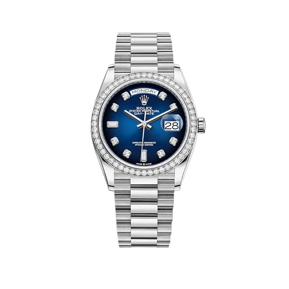 Luxury Watch Rolex Day-Date 36 White Gold  Diamond Bezel Blue Diamond Dial 128349RBR Wrist Aficionado