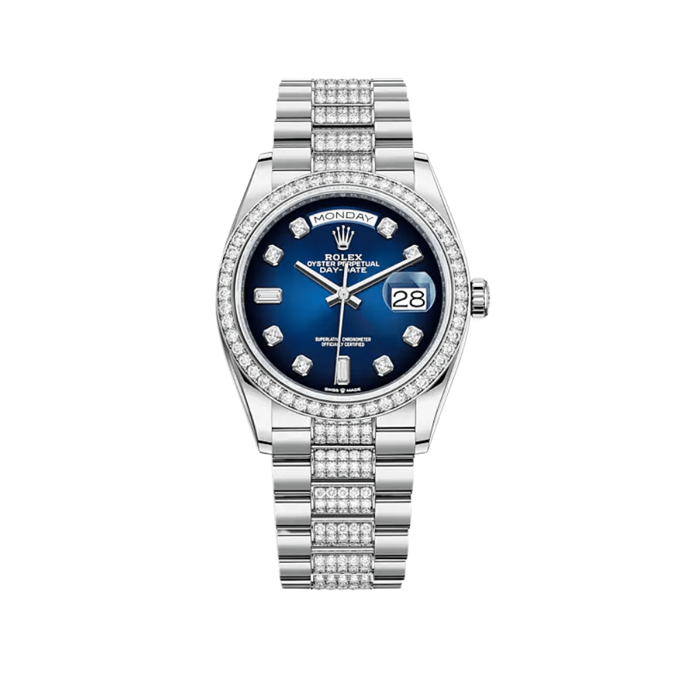 Luxury Watch Rolex Day-Date 36 White Gold Diamond Bezel Blue Diamond Dial 128349RBR Wrist Aficionado