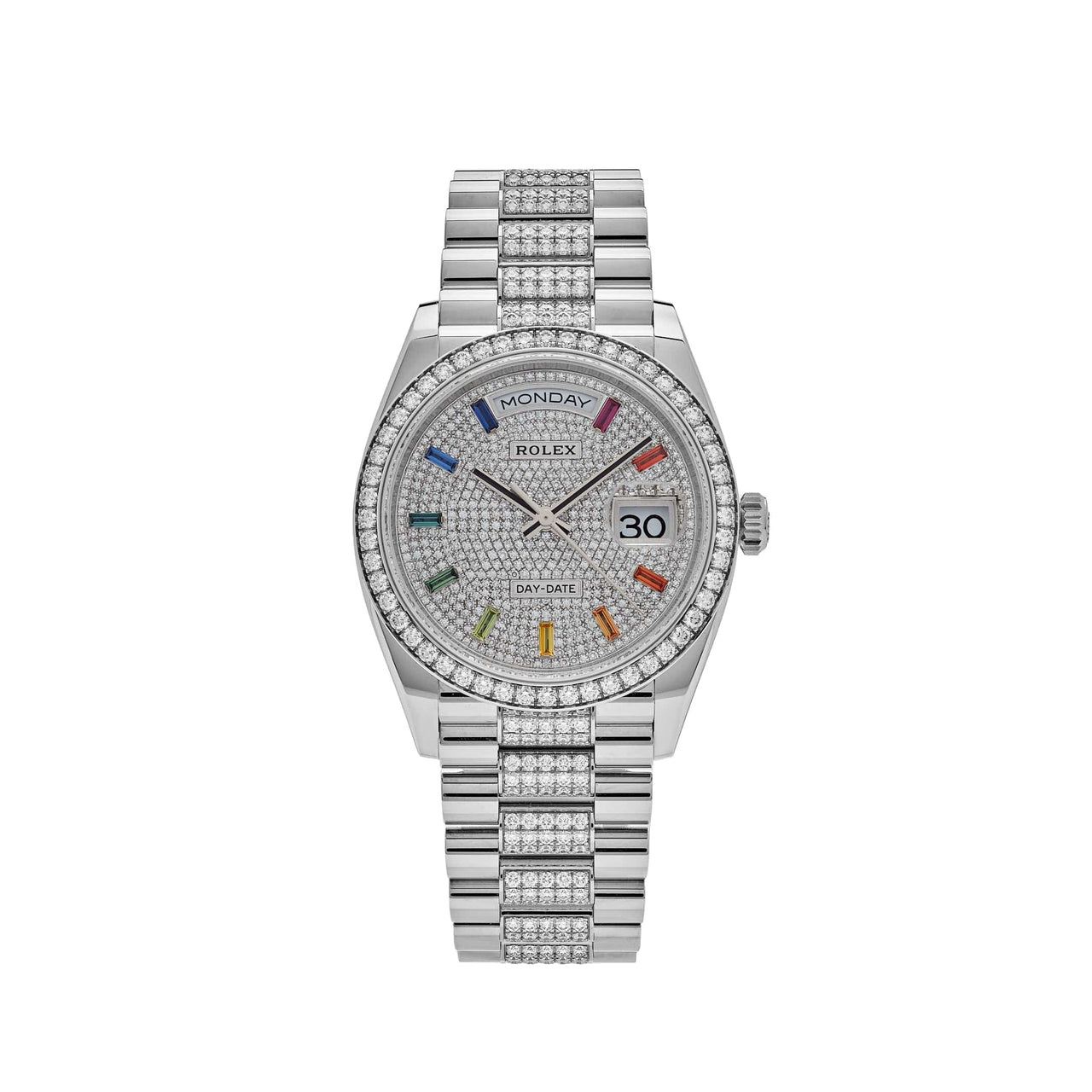 Luxury Watch Rolex Day-Date 36 White Gold Diamond Bezel Diamond-Paved Dial and Bracelet 128349RBR Wrist Aficionado