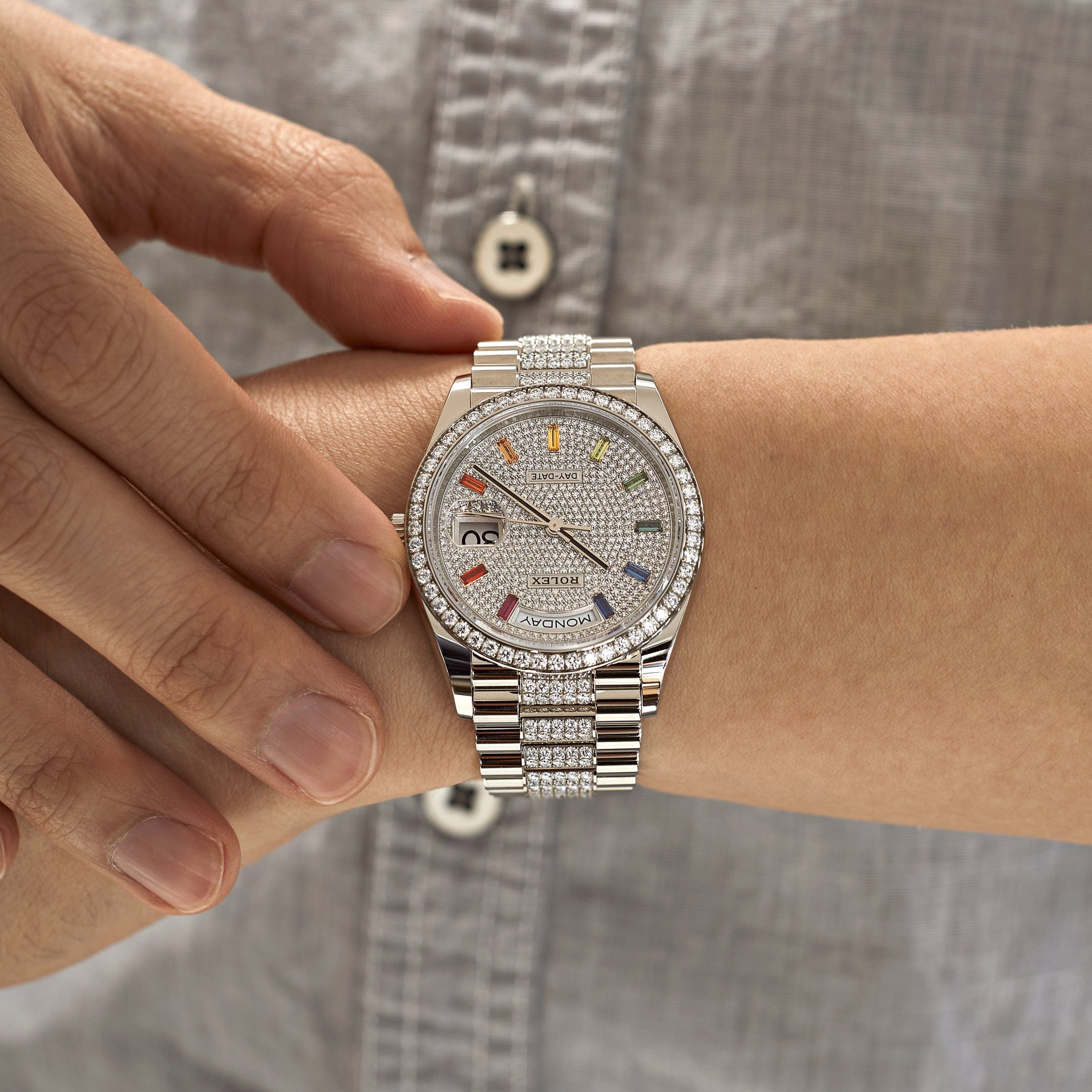 Luxury Watch Rolex Day-Date 36 White Gold Diamond Bezel Diamond-Paved Dial and Bracelet 128349RBR Wrist Aficionado