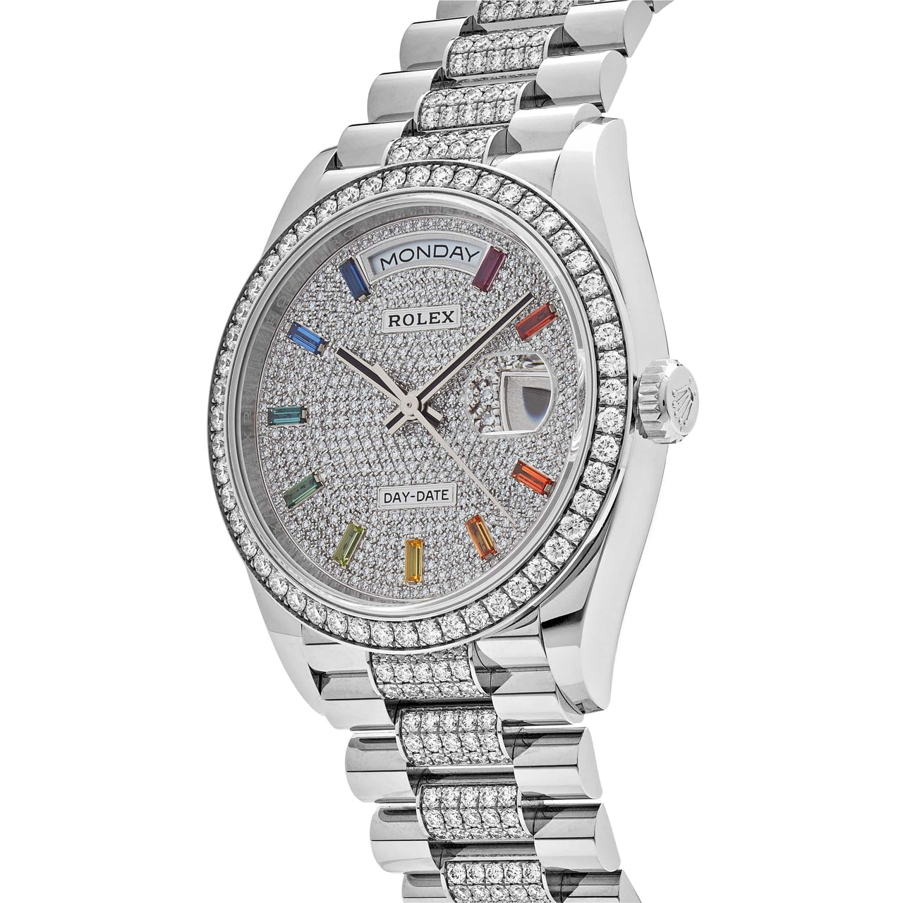 Luxury Watch Rolex Day-Date 36 White Gold Diamond Bezel Diamond-Paved Dial and Bracelet 128349RBR Wrist Aficionado