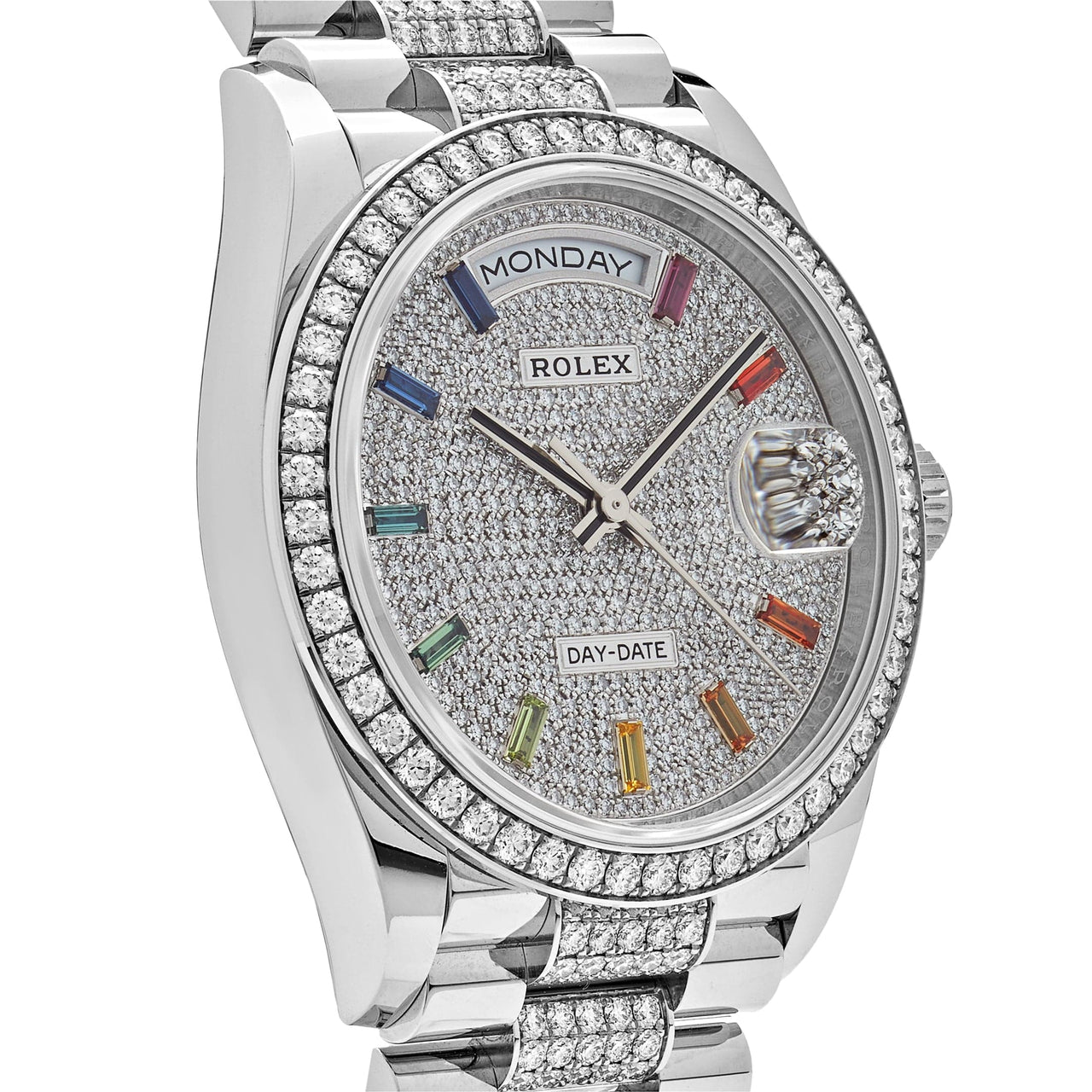 Luxury Watch Rolex Day-Date 36 White Gold Diamond Bezel Diamond-Paved Dial and Bracelet 128349RBR Wrist Aficionado