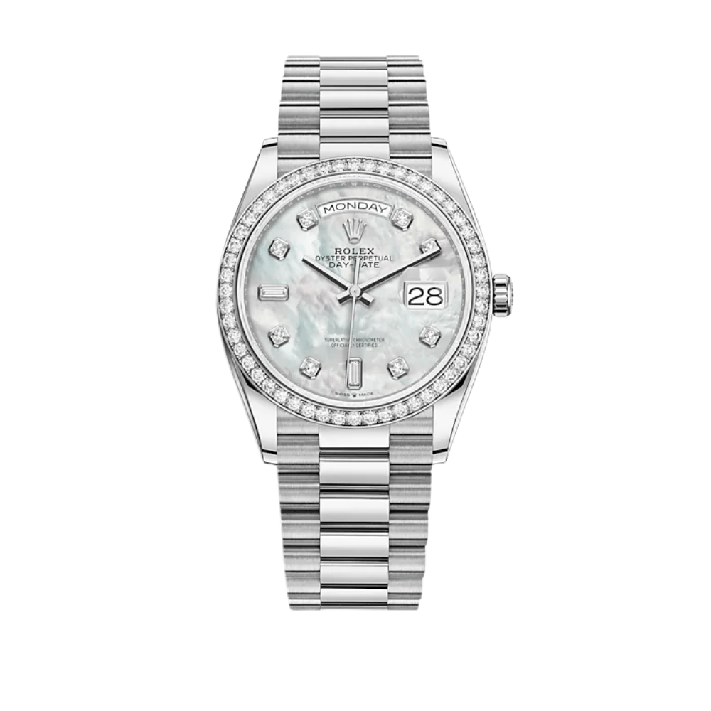 Luxury Watch Rolex Day-Date 36 White Gold Diamond Bezel MOP Diamond Dial 128349RBR Wrist Aficionado