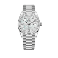 Rolex Day Date 128349RBR White Gold Diamond Bezel Mother of Pearl Diam Wrist Aficionado