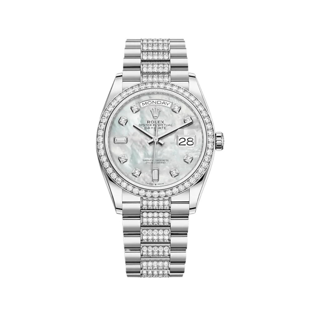 Luxury Watch Rolex Day-Date 36 White Gold Diamond Bezel MOP Diamond Dial 128349RBR Wrist Aficionado
