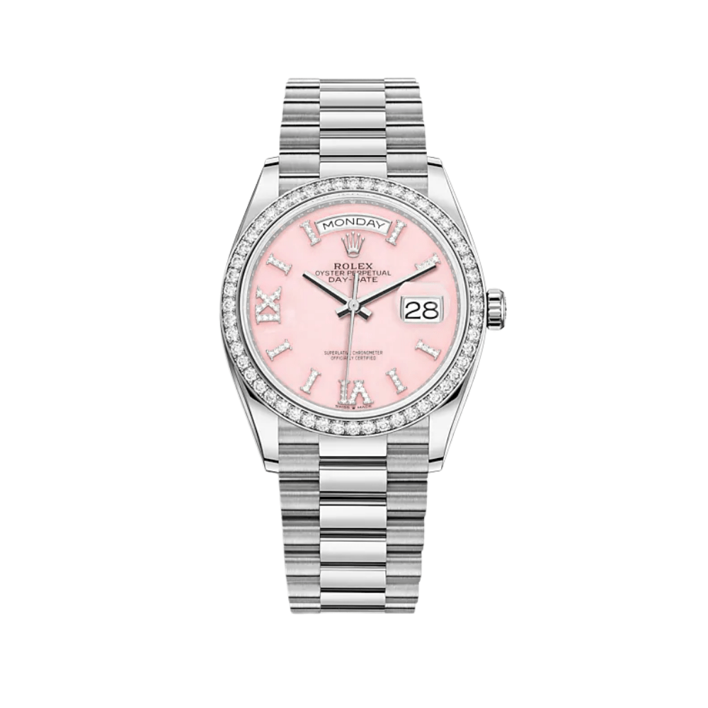 Luxury Watch Rolex Day-Date 36 White Gold Diamond Bezel Pink Diamond Dial 128349RBR Wrist Aficionado