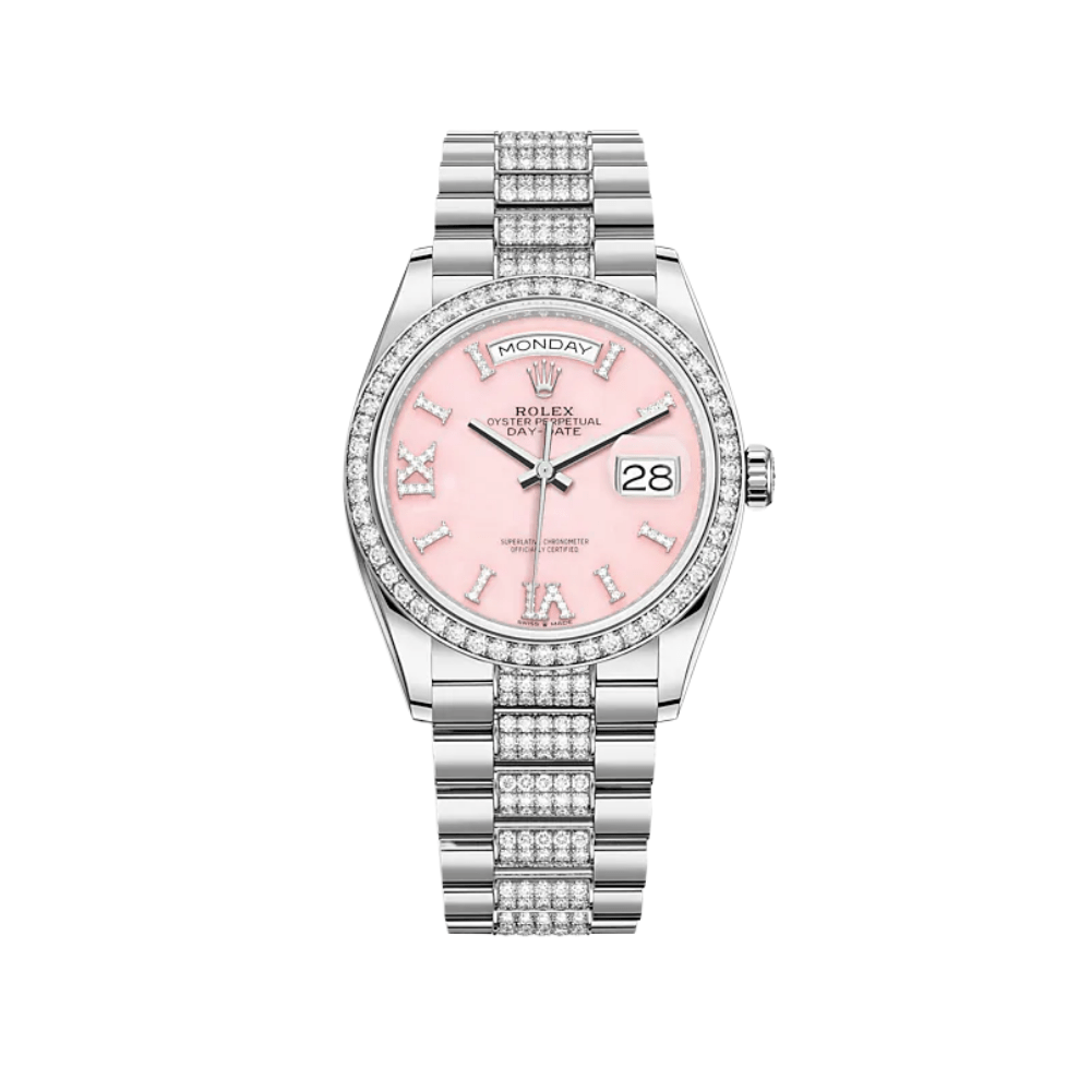 Luxury Watch Rolex Day-Date 36 White Gold Diamond Bezel Pink Diamond Dial 128349RBR Wrist Aficionado