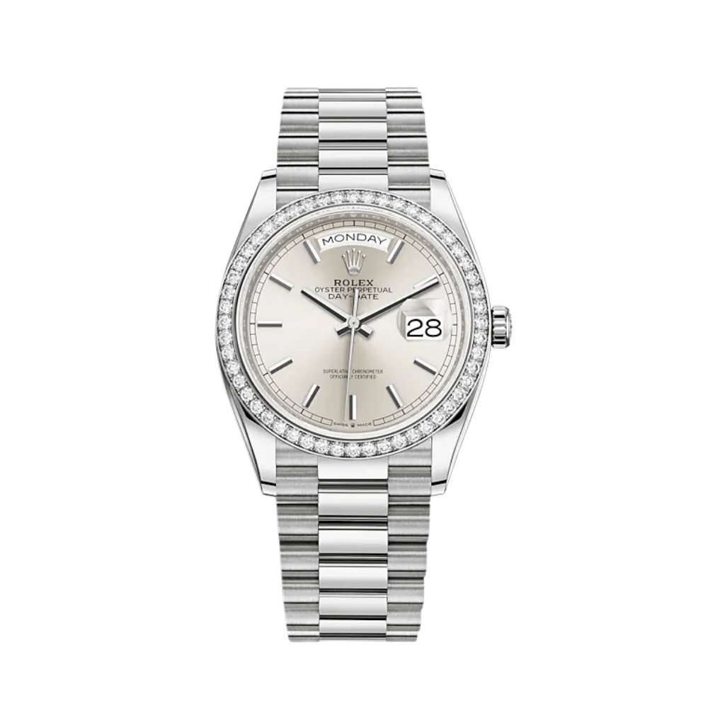 Luxury Watch Rolex Day-Date 36 White Gold Diamond Bezel Silver Dial 128349RBR Wrist Aficionado