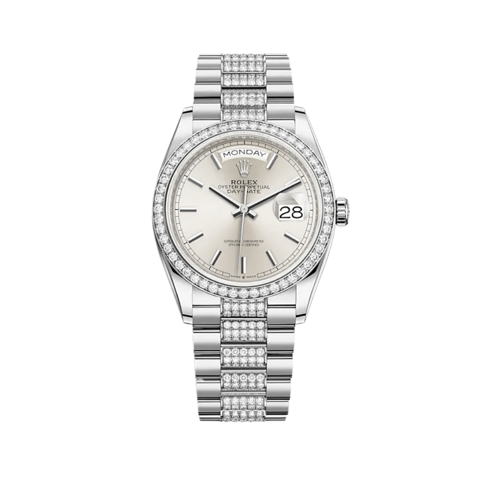 Luxury Watch Rolex Day-Date 36 White Gold Diamond Bezel Silver Dial 128349RBR Wrist Aficionado