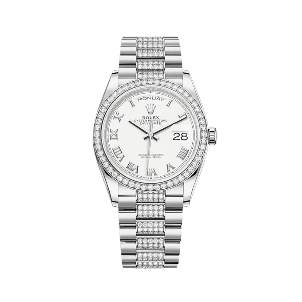 Luxury Watch Rolex Day-Date 36 White Gold Diamond Bezel White Dial 128349RBR Wrist Aficionado