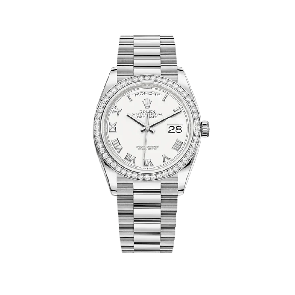 Luxury Watch Rolex Day-Date 36 White Gold Diamond Bezel White Dial 128349RBR Wrist Aficionado