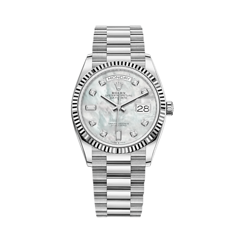 Luxury Watch Rolex Day-Date 36 White Gold MOP Diamond Dial 128239 Wrist Aficionado