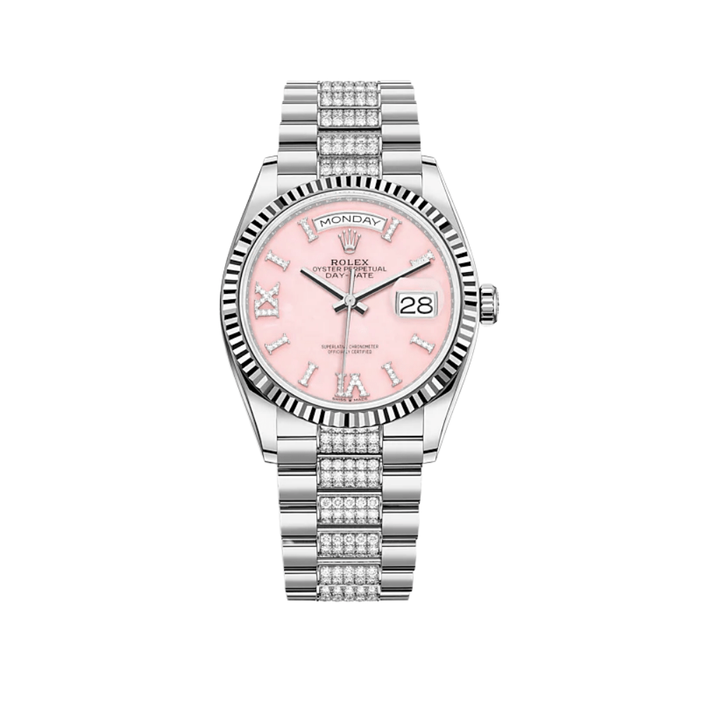 Luxury Watch Rolex Day-Date 36 White Gold Pink Diamond Dial 128239 Wrist Aficionado